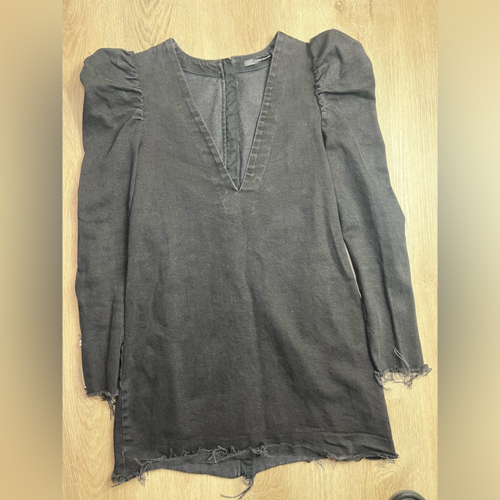 Zara Denim Puff Sleeve Expose Zipper Black Mini Dress Size Medium